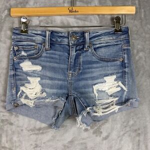 American Eagle Midi Jeans Shorts Size 2 Distressed Lace Blue Denim Boho Feminine